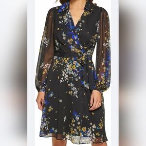 DKNY Floral Faux Wrap Dress Blue Yellow Black Size 12p NWOT